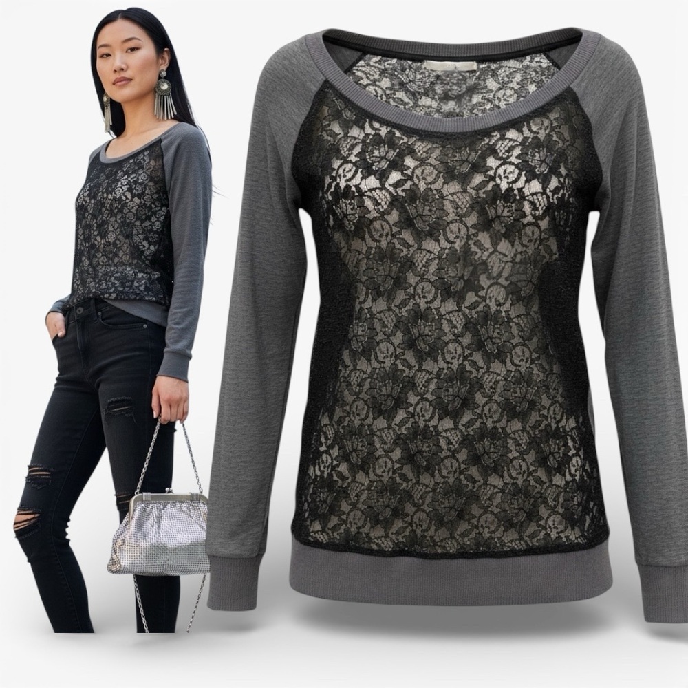 HI-LINE Sheer Lace Panel Long Sleeve Top - Black and Gray Boat Neck